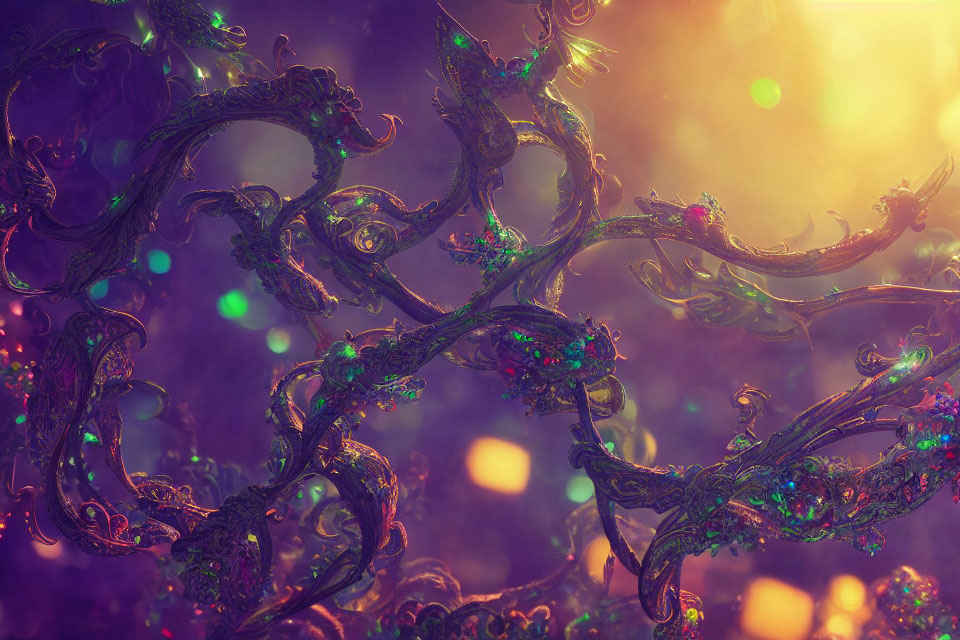 Iridescent tree branches with intricate designs on warm bokeh background