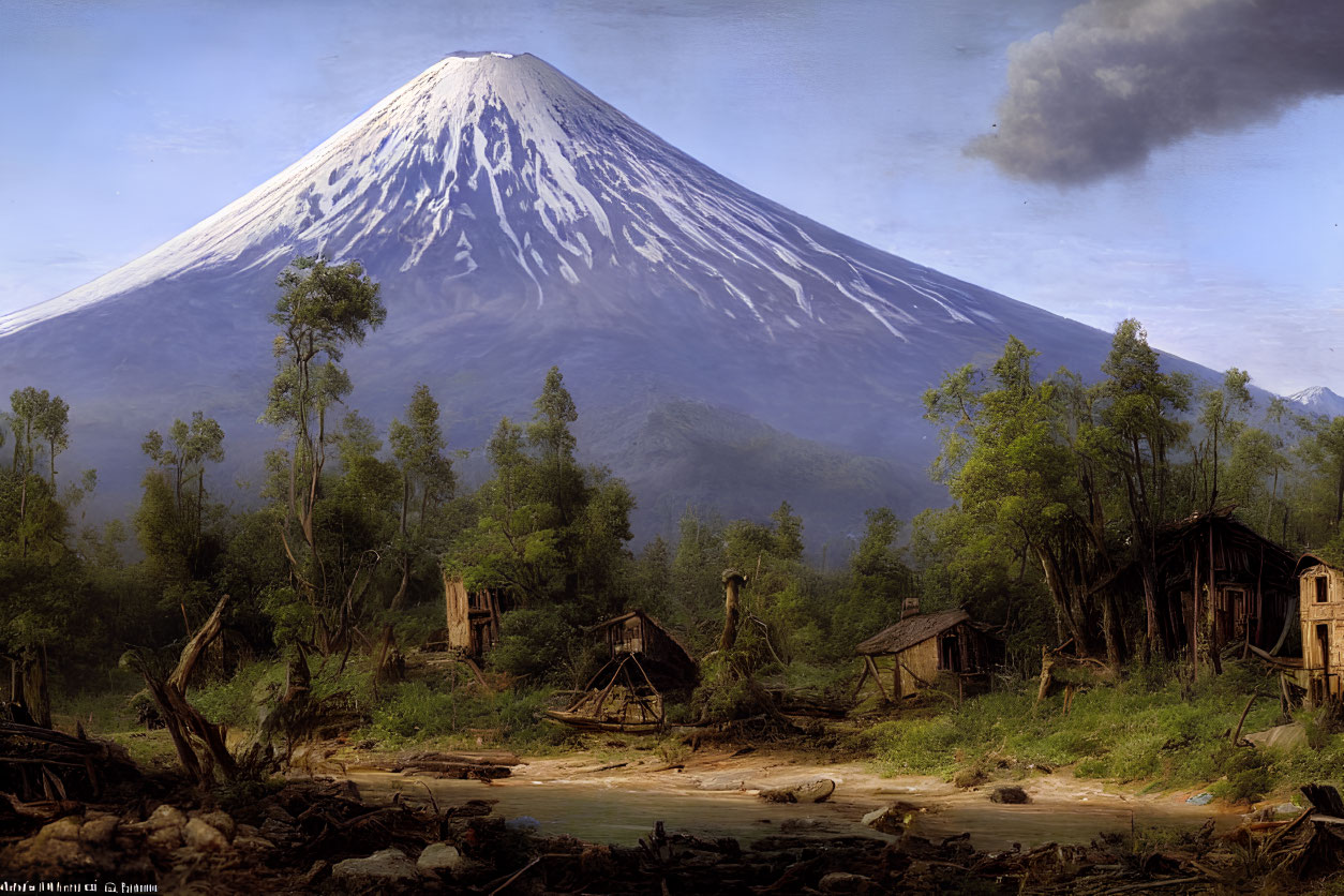 Serene painting of snow-capped Mount Fuji with tranquil stream and rustic structures