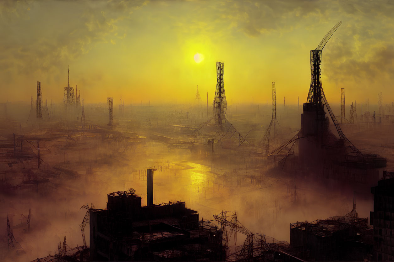 Dystopian landscape with industrial structures and pollution