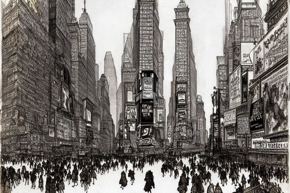 Monochromatic sketch of a bustling city street with pedestrians and towering buildings