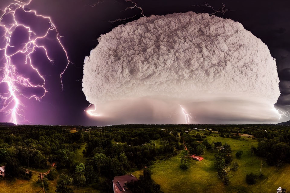 Dramatic shelf cloud with intense lightning strikes