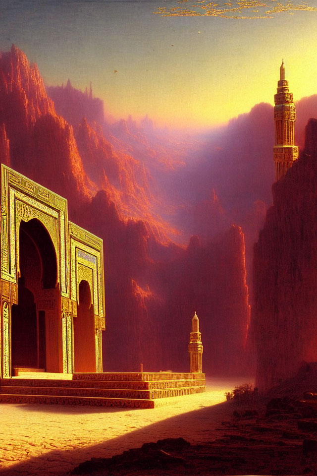 Ornate Arabesque Archways and Towers in Sunset Mountain Scene