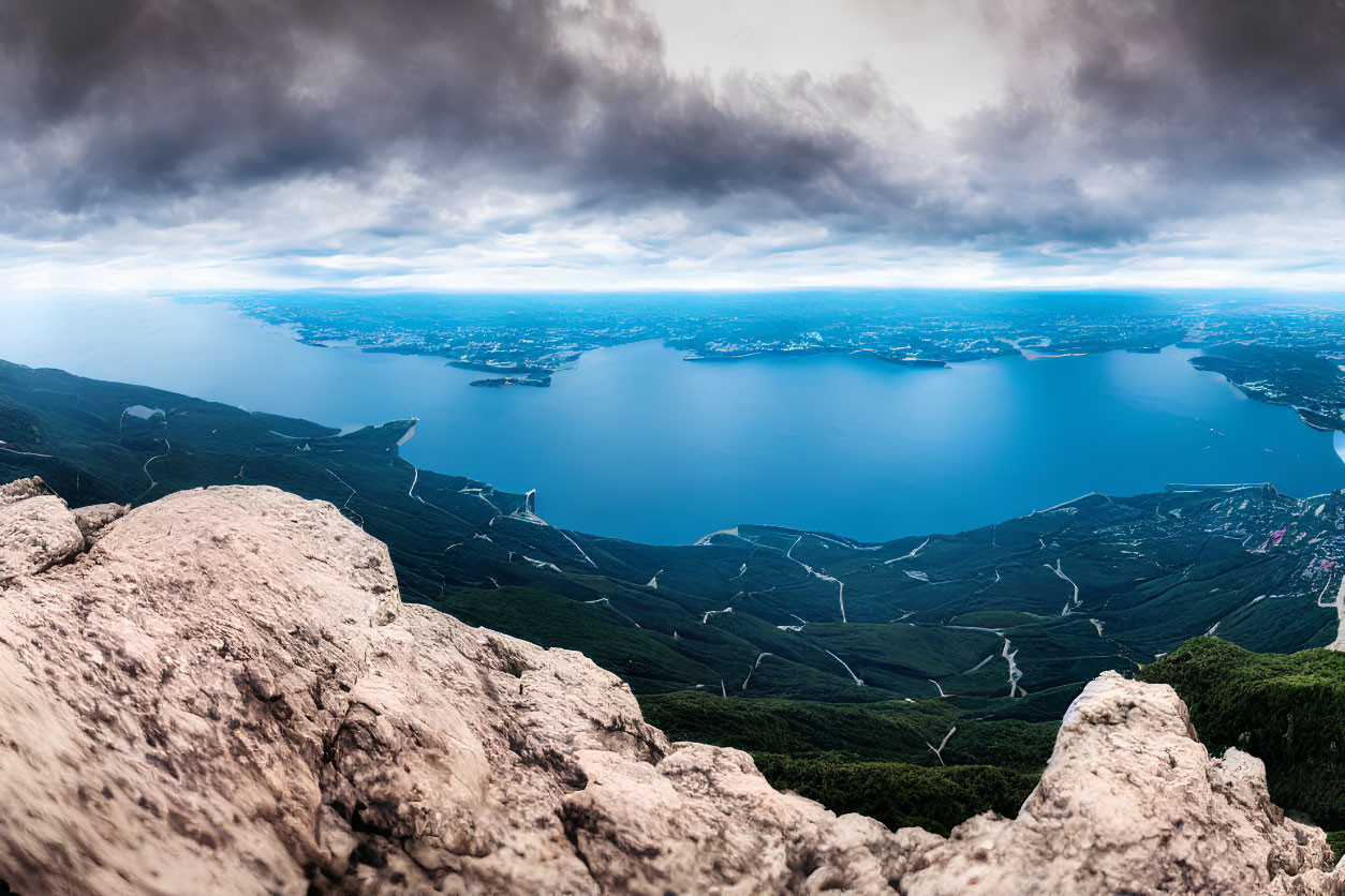 Panoramic Mountain Summit View of Vast Lake & Lush Terrain