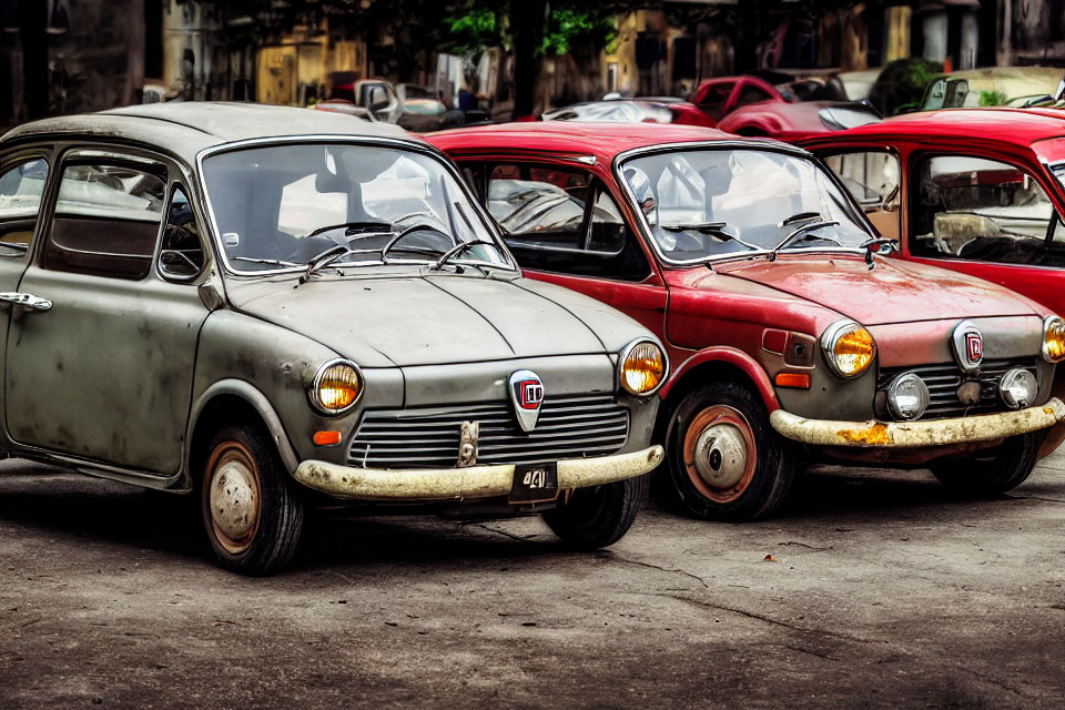 Pair of Vintage Fiat 500 Cars in Gray and Red parked in Old Area