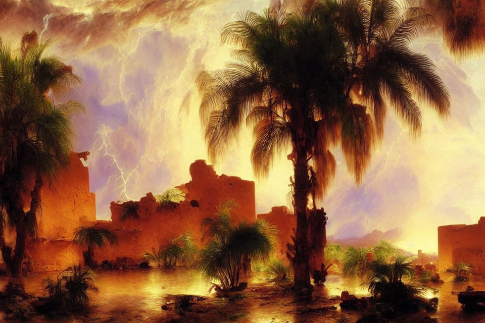 Dramatic landscape painting: palm trees, ancient ruins, stormy sky