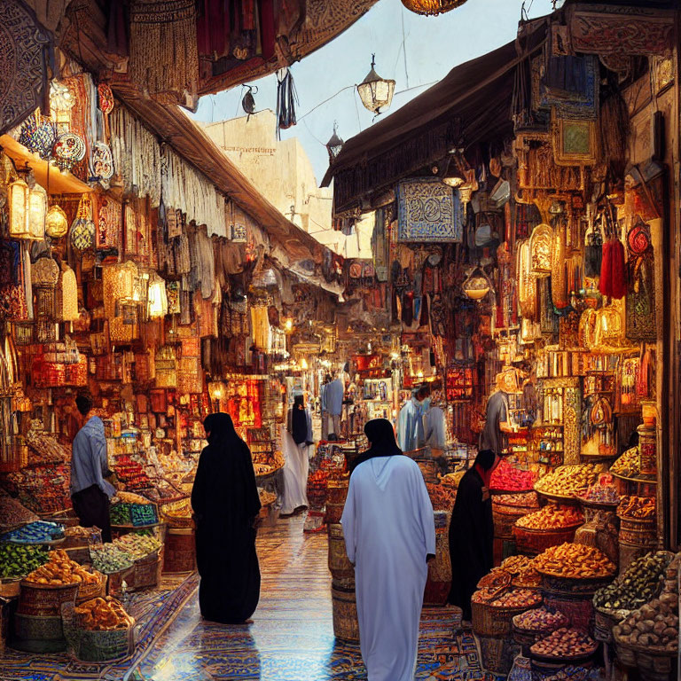 Traditional Market with Spice, Textile, and Lantern Stalls in Vibrant Setting