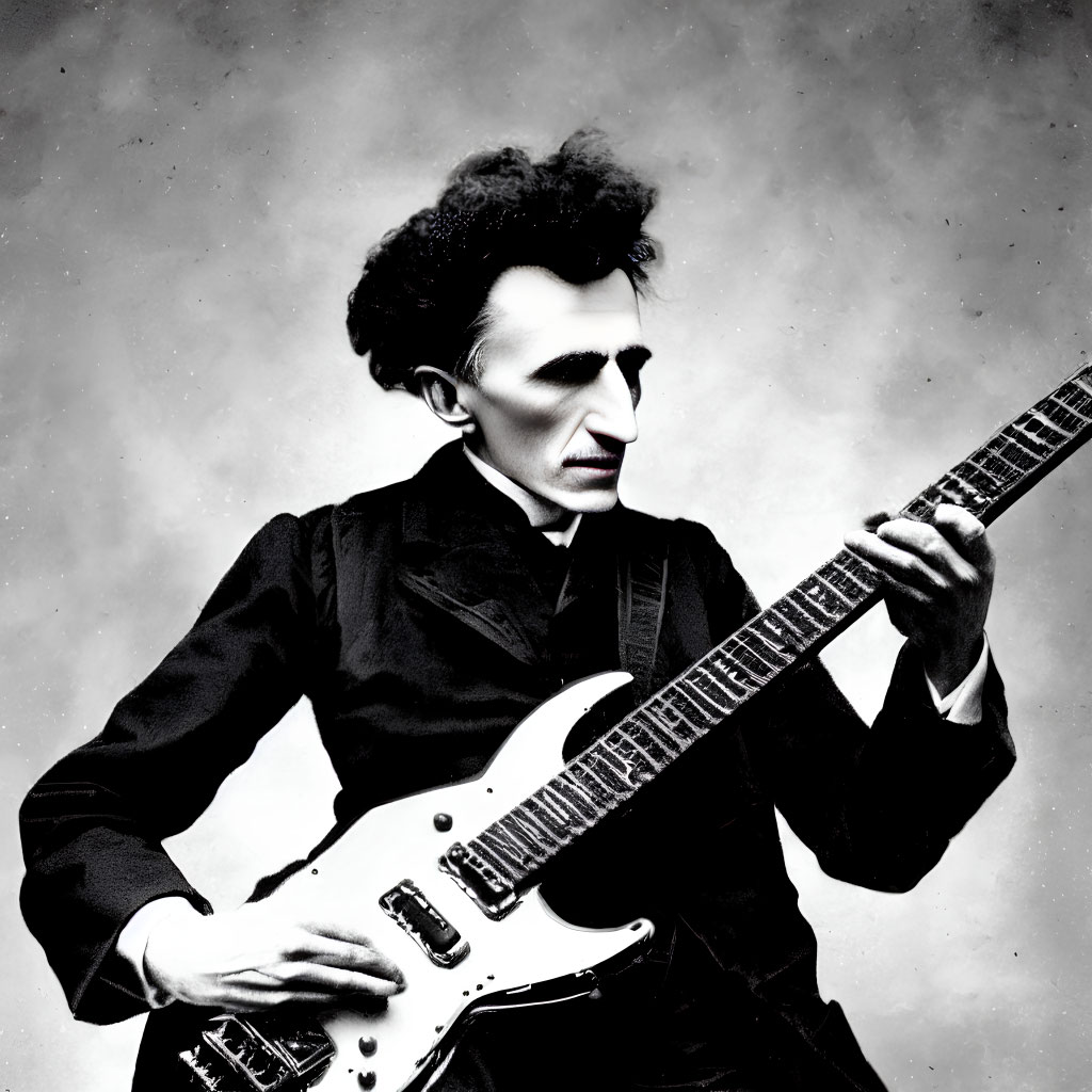 Monochrome image of man resembling historical figure with electric guitar