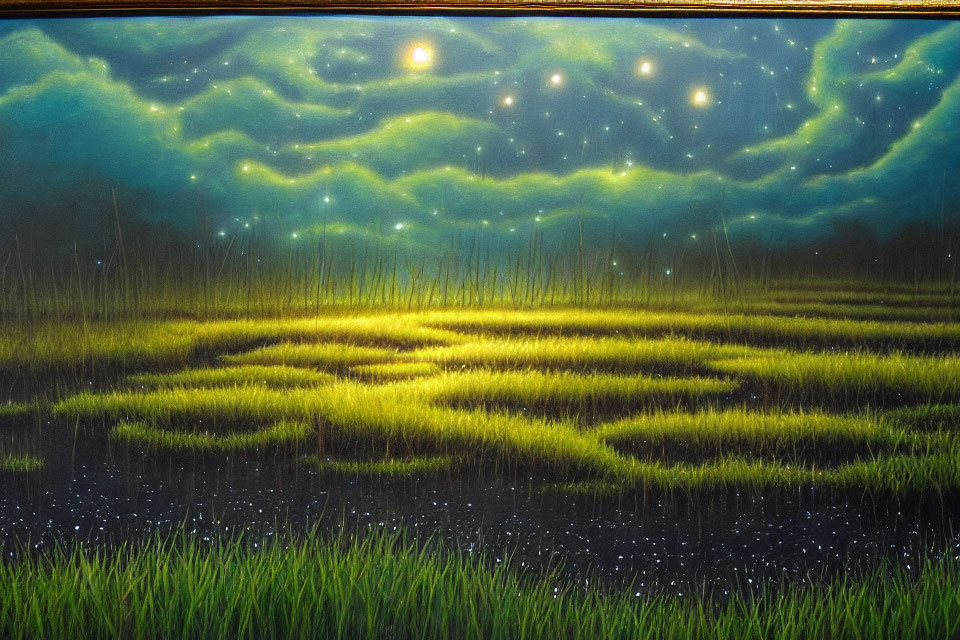 Vibrant night scene painting with starry sky and glowing lights above lush green field