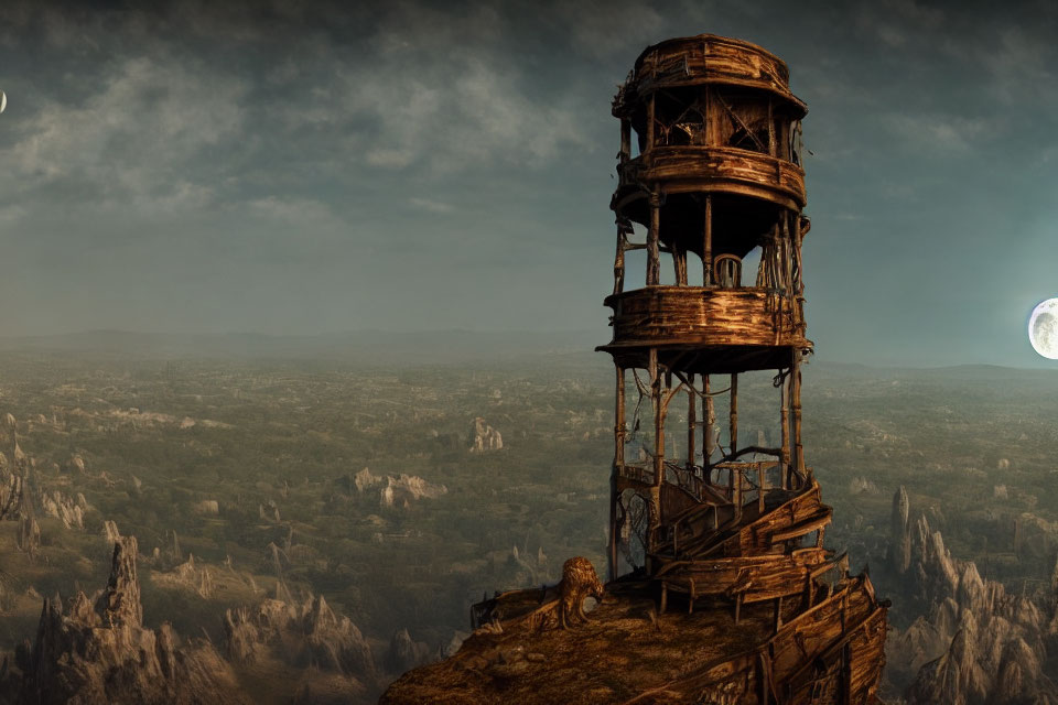 Wooden watchtower on rocky cliff with lion overlooking vast landscape under two moons