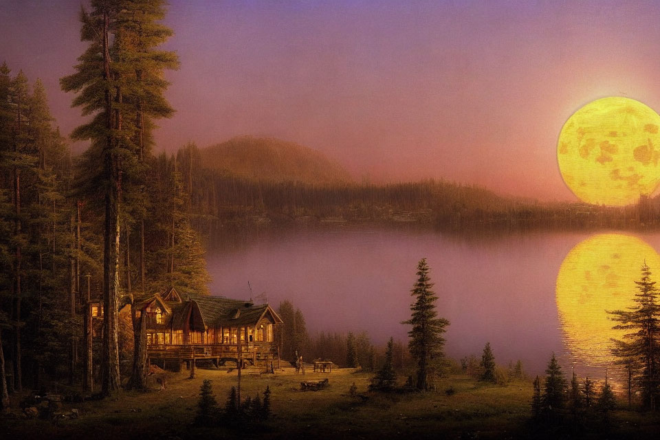 Cabin by Lake Under Large Moon and Pink Sky