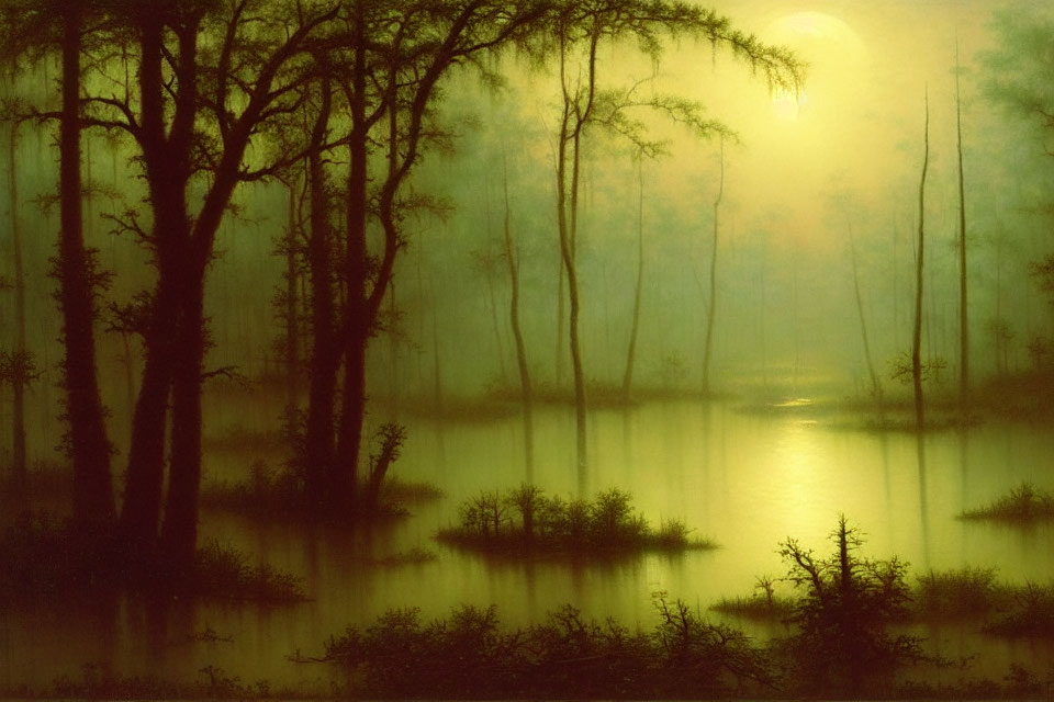 Misty swamp with silhouetted trees under soft moonlight