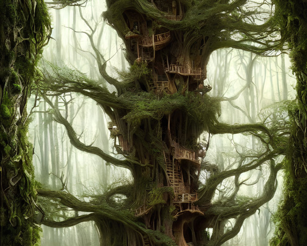 Misty forest treehouse nestled in gnarled tree trunks