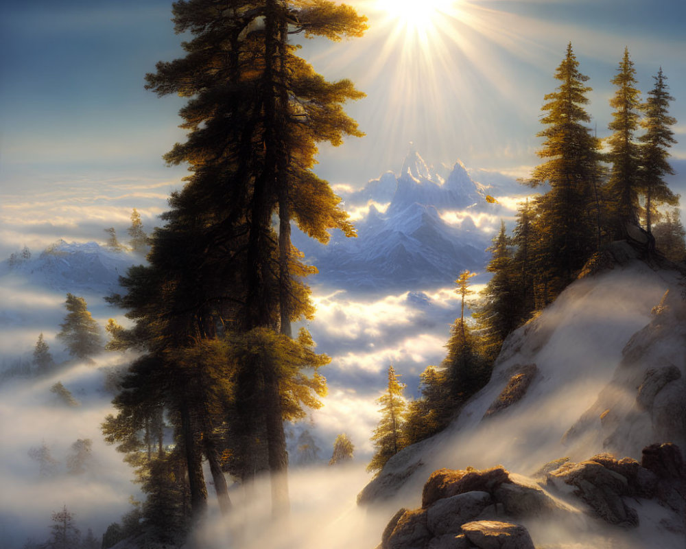 Misty mountain sunrise with sunbeams and snowy peaks