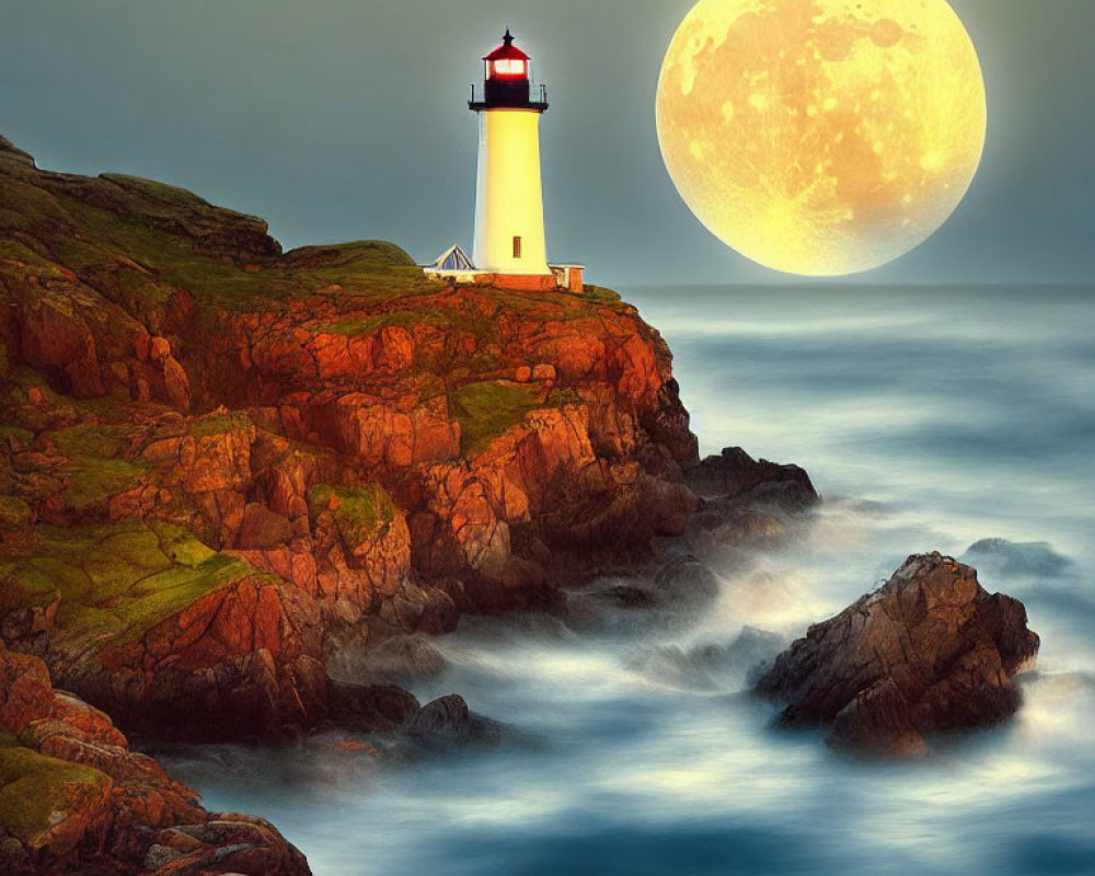 Lighthouse on rocky cliff with full moon, misty waves at twilight