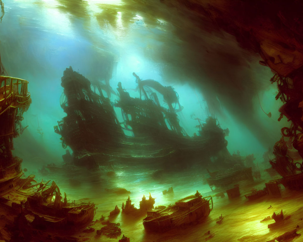 Ethereal underwater scene with sunken ships and cast light filtering through ocean depths