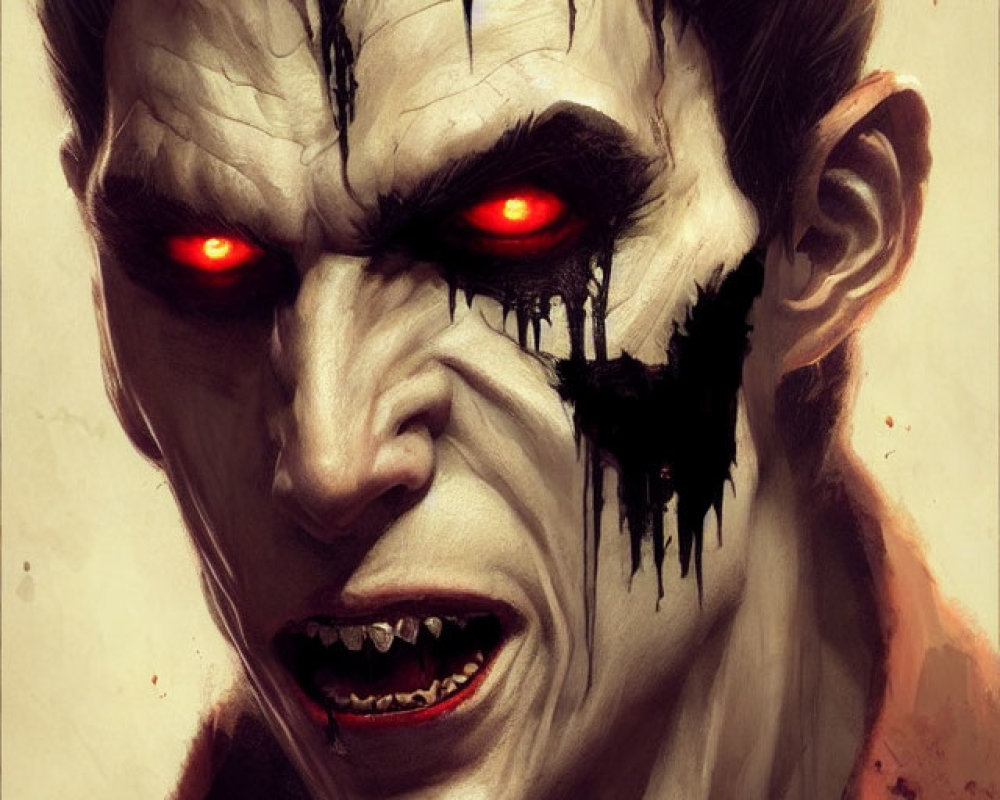 Sinister vampire with glowing red eyes and sharp fangs on dark background