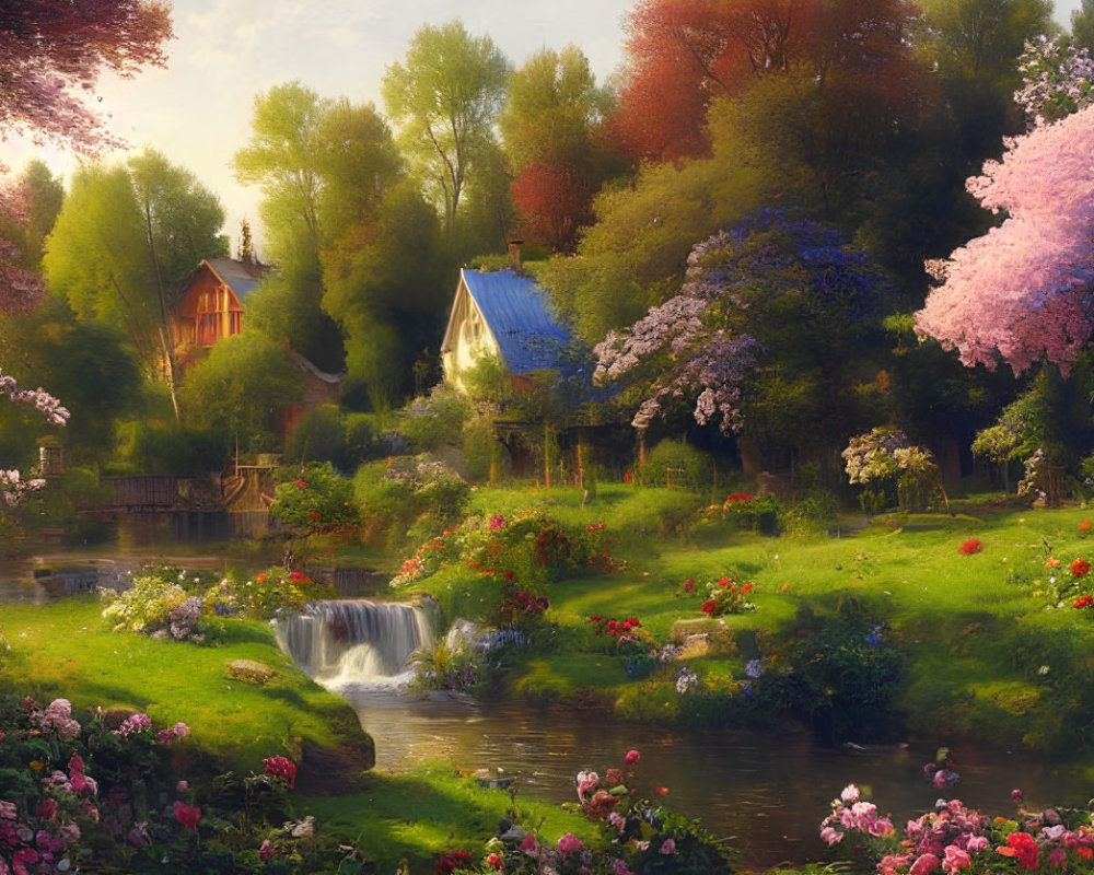 Tranquil spring landscape with gardens, blooming trees, waterfall, and cozy houses