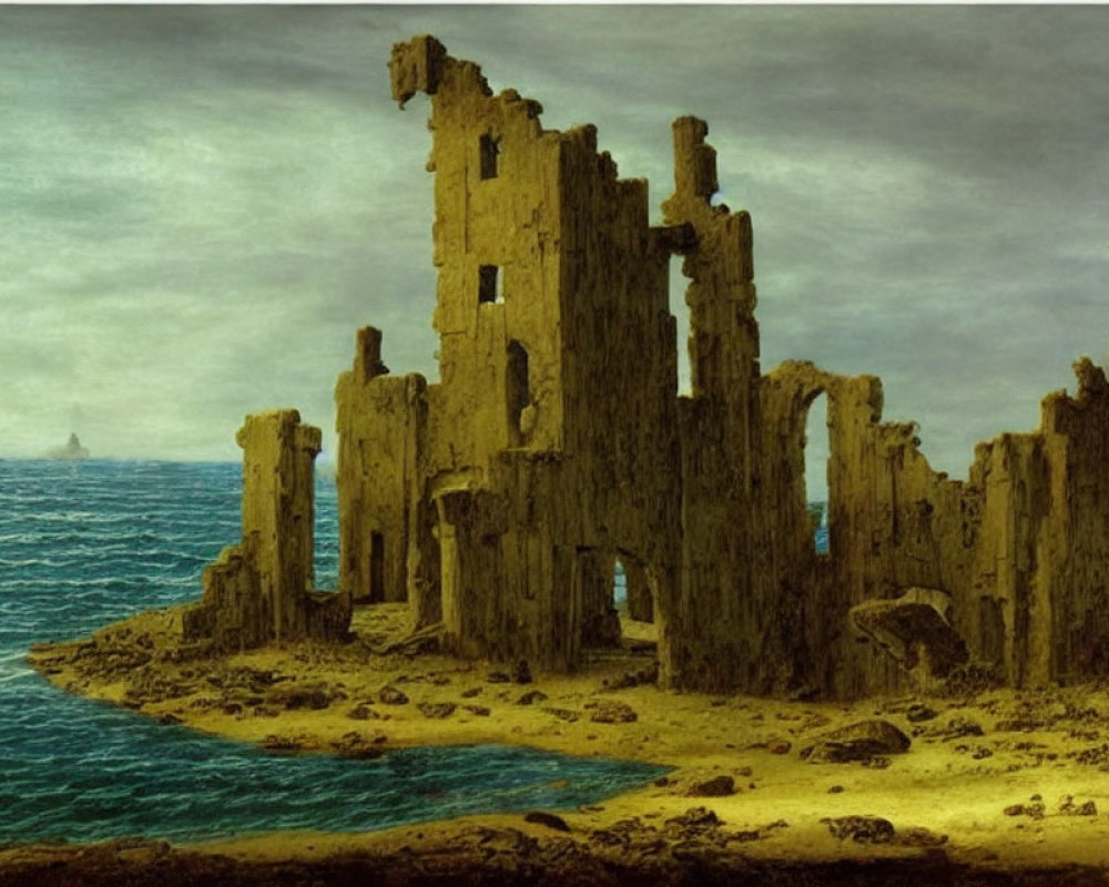 Desolate seaside with ancient ruins under gloomy sky