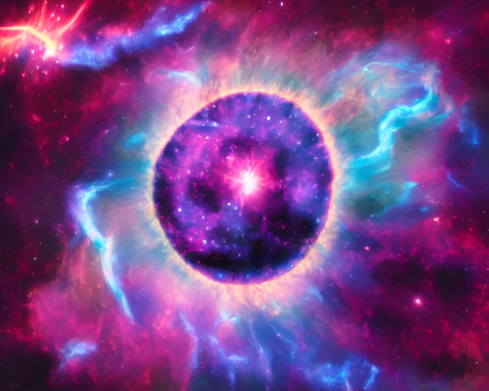 Colorful cosmic scene with glowing orb and interstellar clouds.