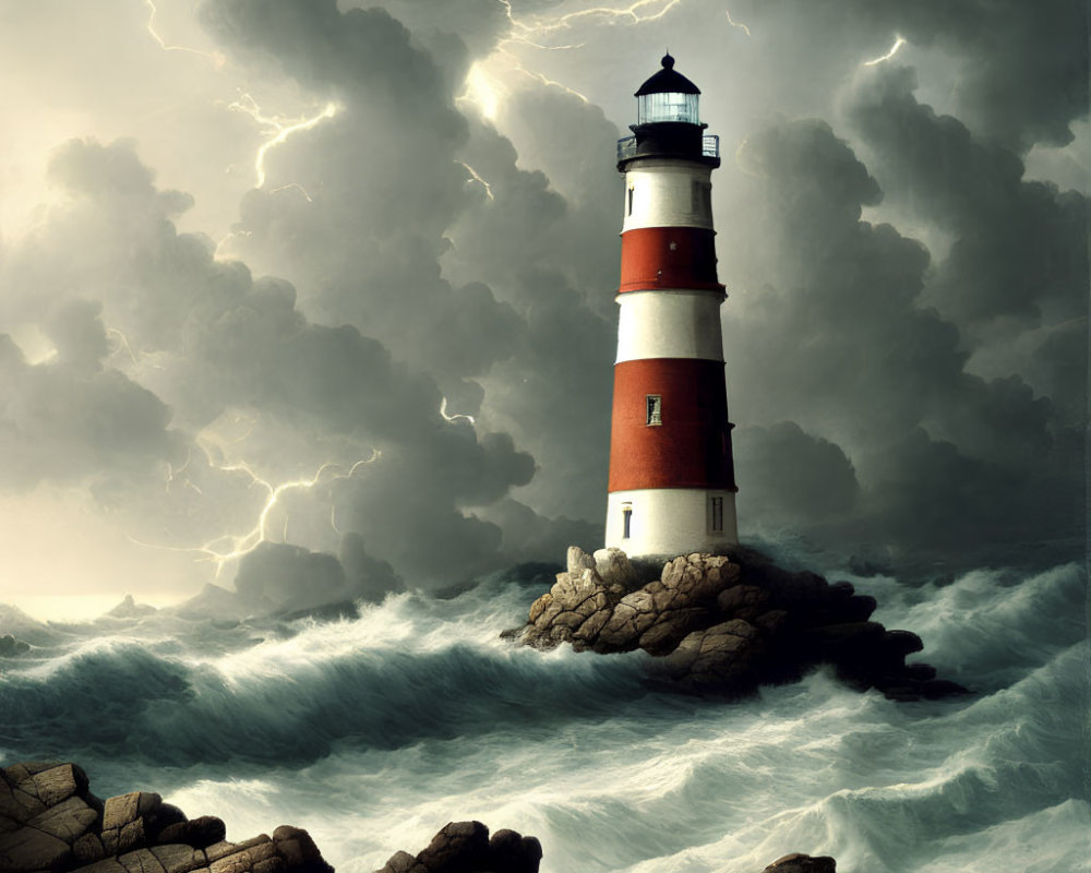 Red and White Lighthouse on Rocky Shore Amid Stormy Seas