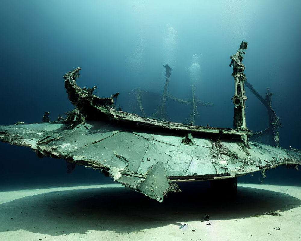 Eerie sunken shipwreck with visible deterioration and marine life