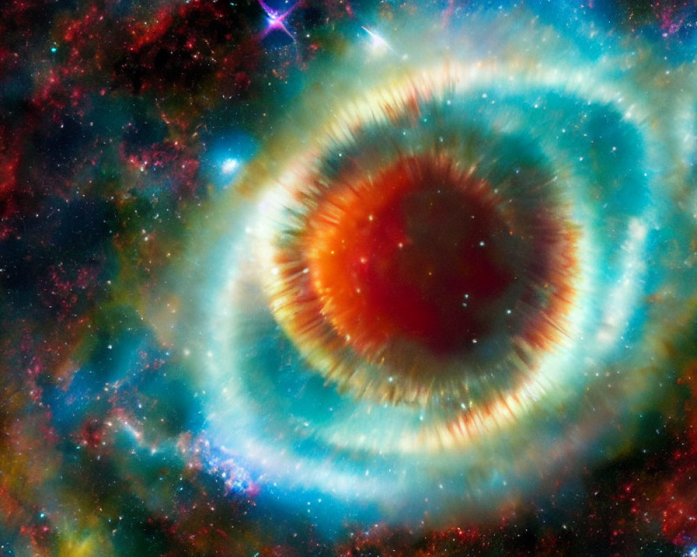 Vibrant astronomical image of nebulous ring structure in red and blue hues