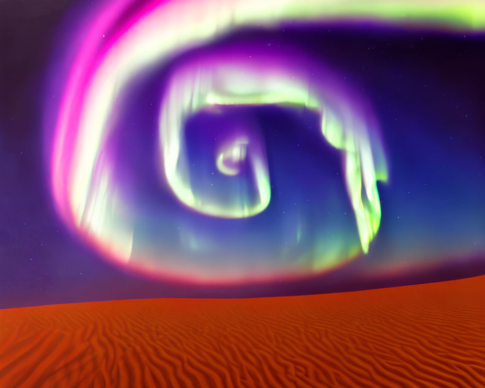 Colorful aurora dances over orange desert dunes