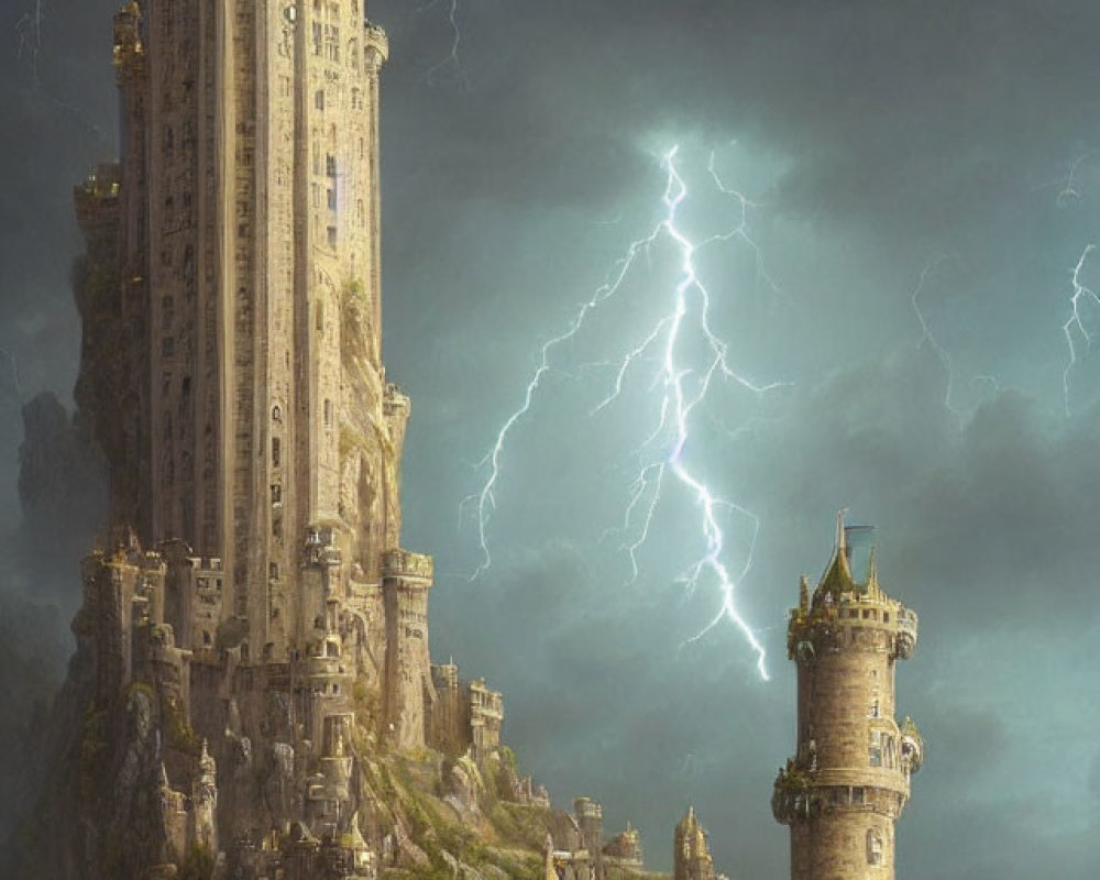 Majestic fantasy castle on craggy cliffs with stormy sky and lightning.