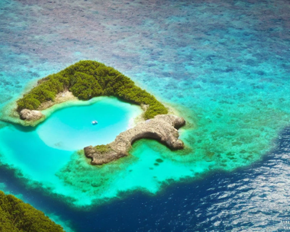 Heart-shaped island with lush greenery in vibrant turquoise waters