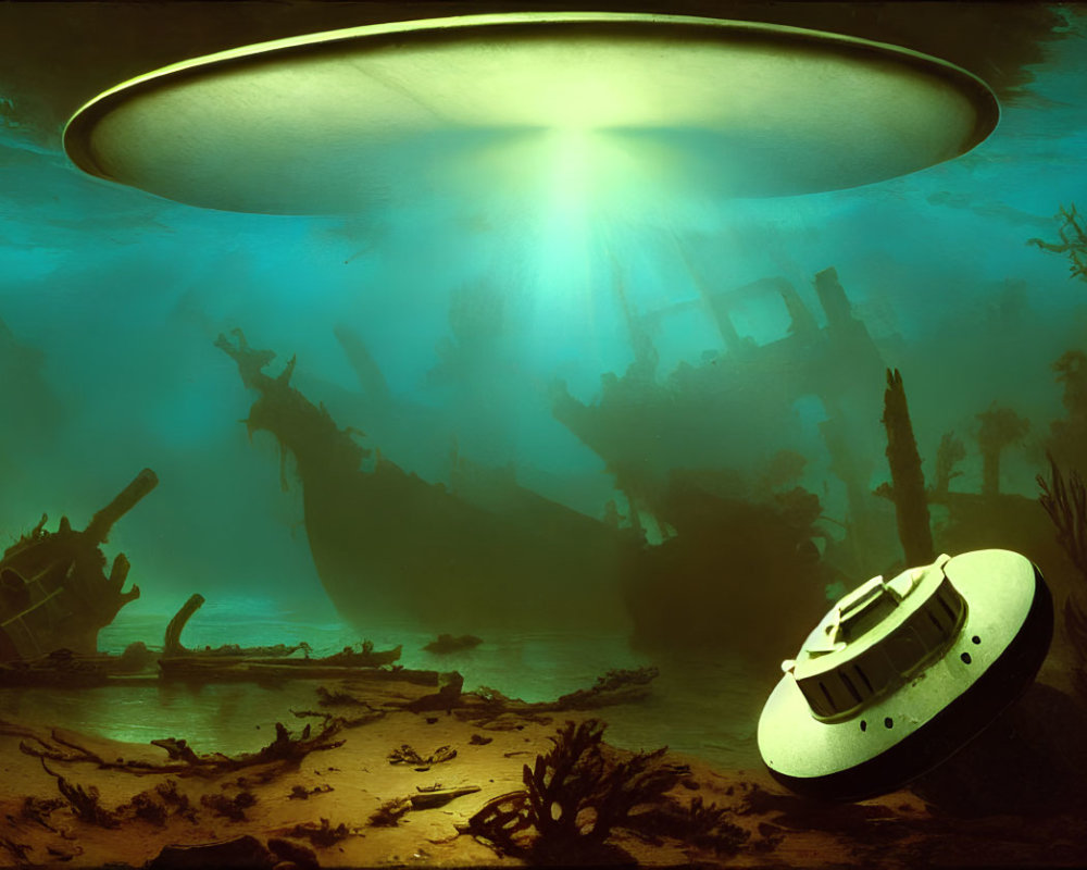 Underwater scene with UFO lighting sunken ships and ruins among aquatic plants