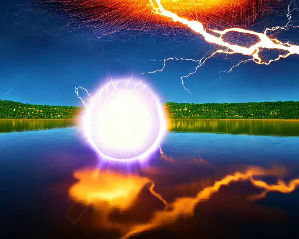 Vibrant orb of light over reflective lake with lightning in night sky