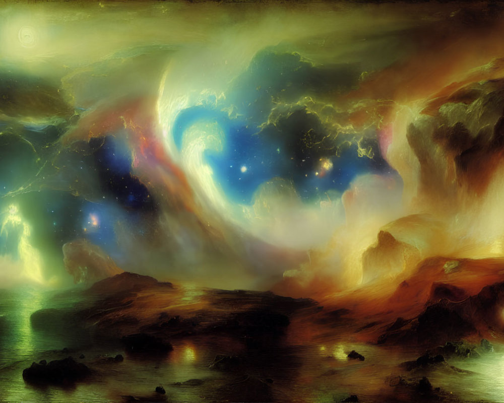 Fantastical cosmic landscape blending celestial and earthly features