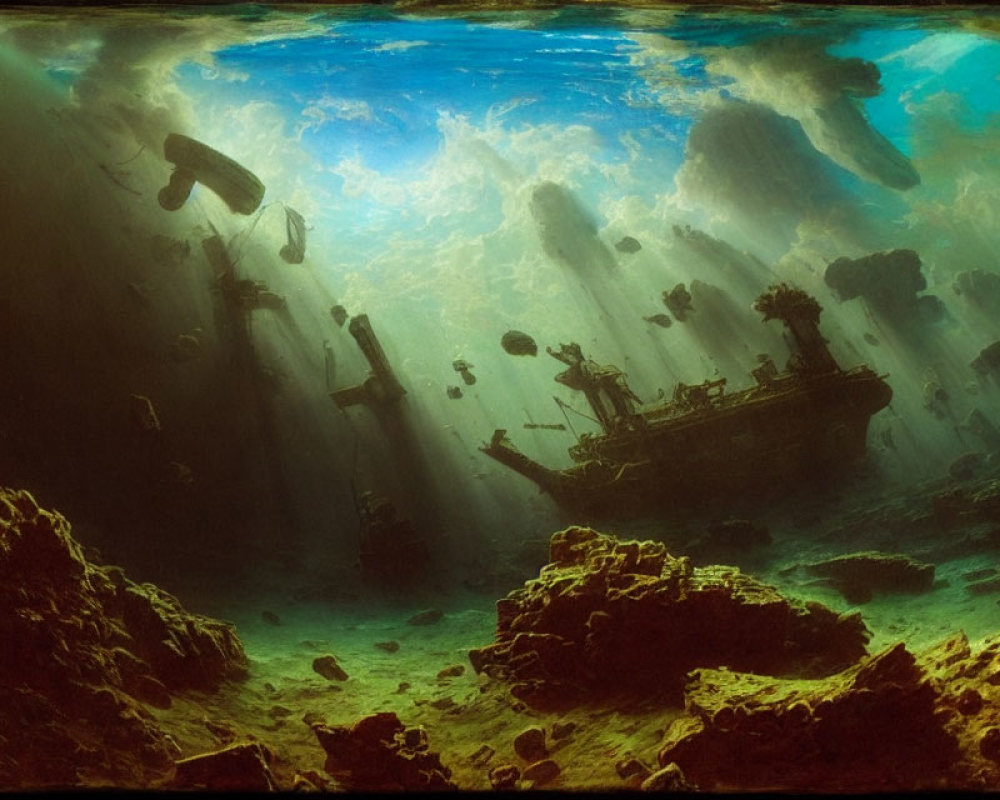 Underwater scene with fish, sunken shipwreck, rocky sea floor