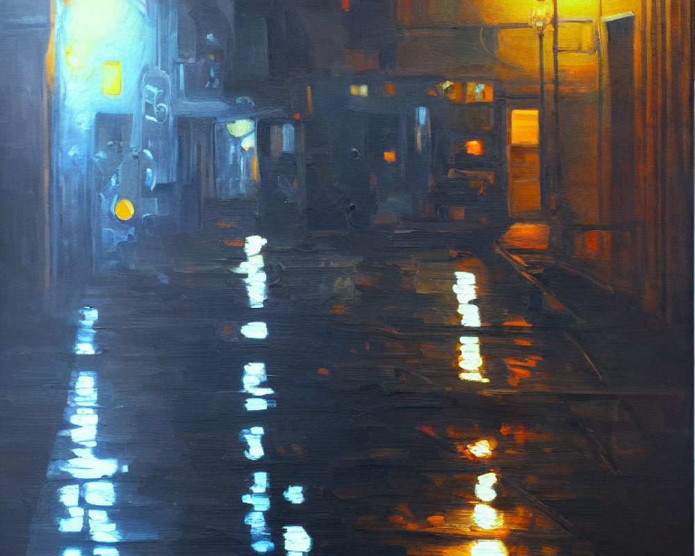 Nocturnal city street painting with warm light reflections on wet cobblestones