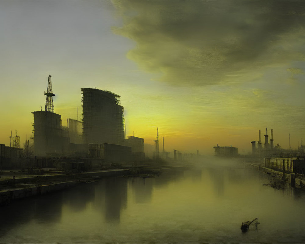 Urban skyline at sunset with tower silhouettes and reflections on water