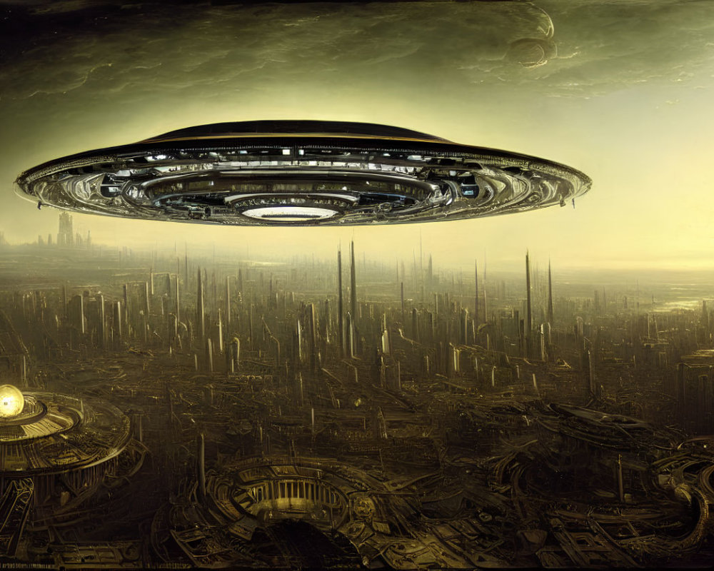 Detailed Futuristic Cityscape with Flying Saucer in Gloomy Sky