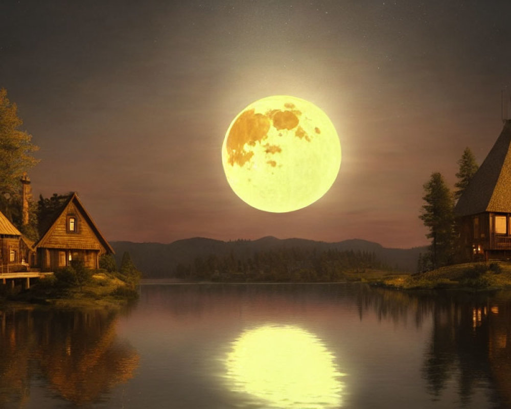 Tranquil night scene: moonlit lakeside with cozy wooden houses