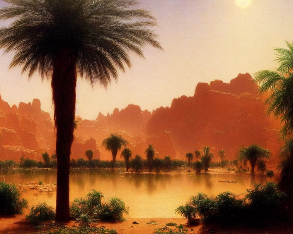 Tranquil oasis with palm trees and red cliffs by serene lake