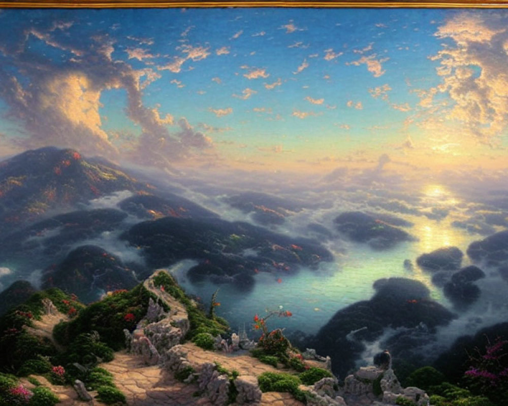 Panoramic mountain landscape with sunrise, clouds, and footpath