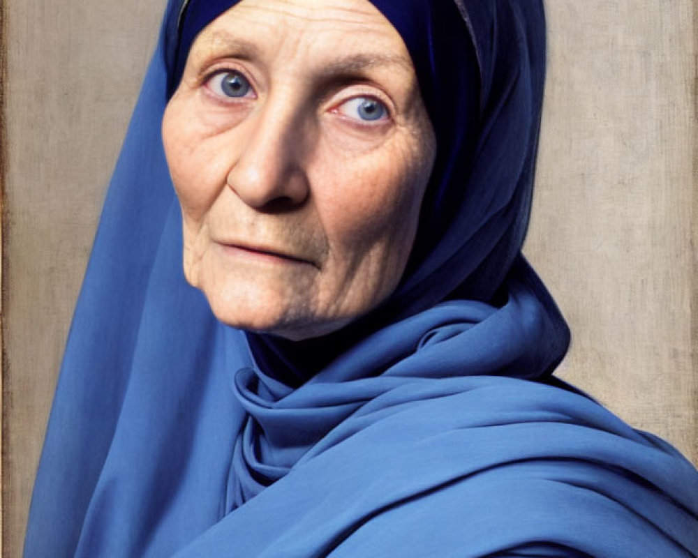 Elderly woman with blue headscarf and piercing eyes portrait.