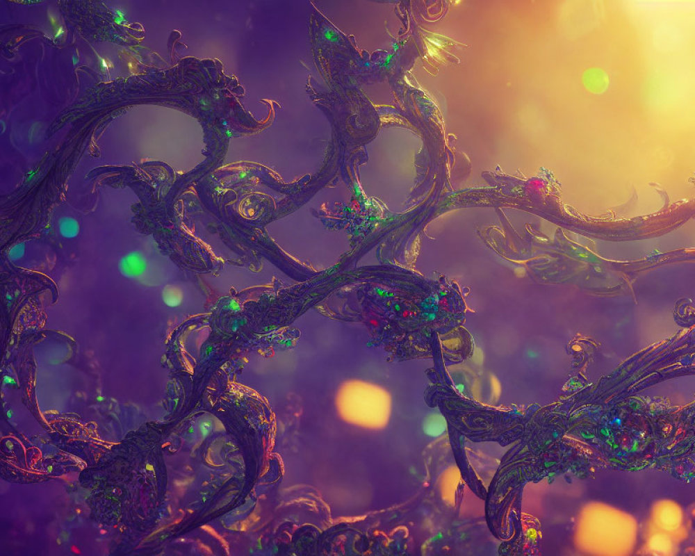 Iridescent tree branches with intricate designs on warm bokeh background