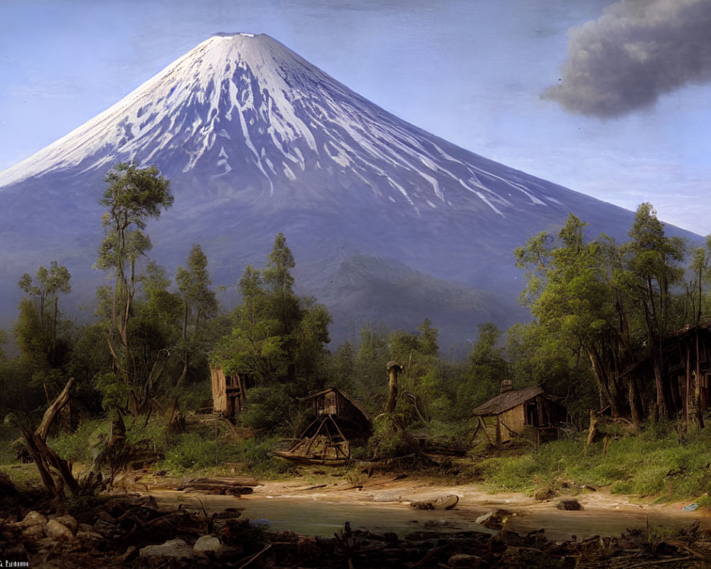 Serene painting of snow-capped Mount Fuji with tranquil stream and rustic structures