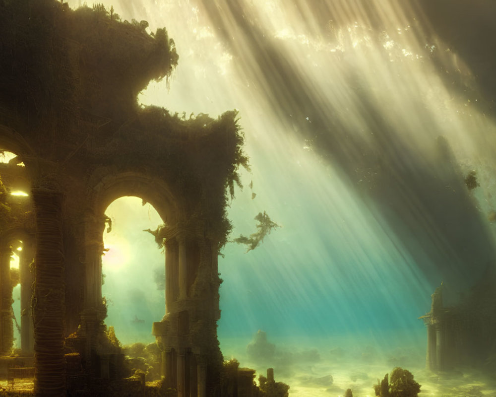 Underwater sunbeams highlight ancient submerged ruins and aquatic flora