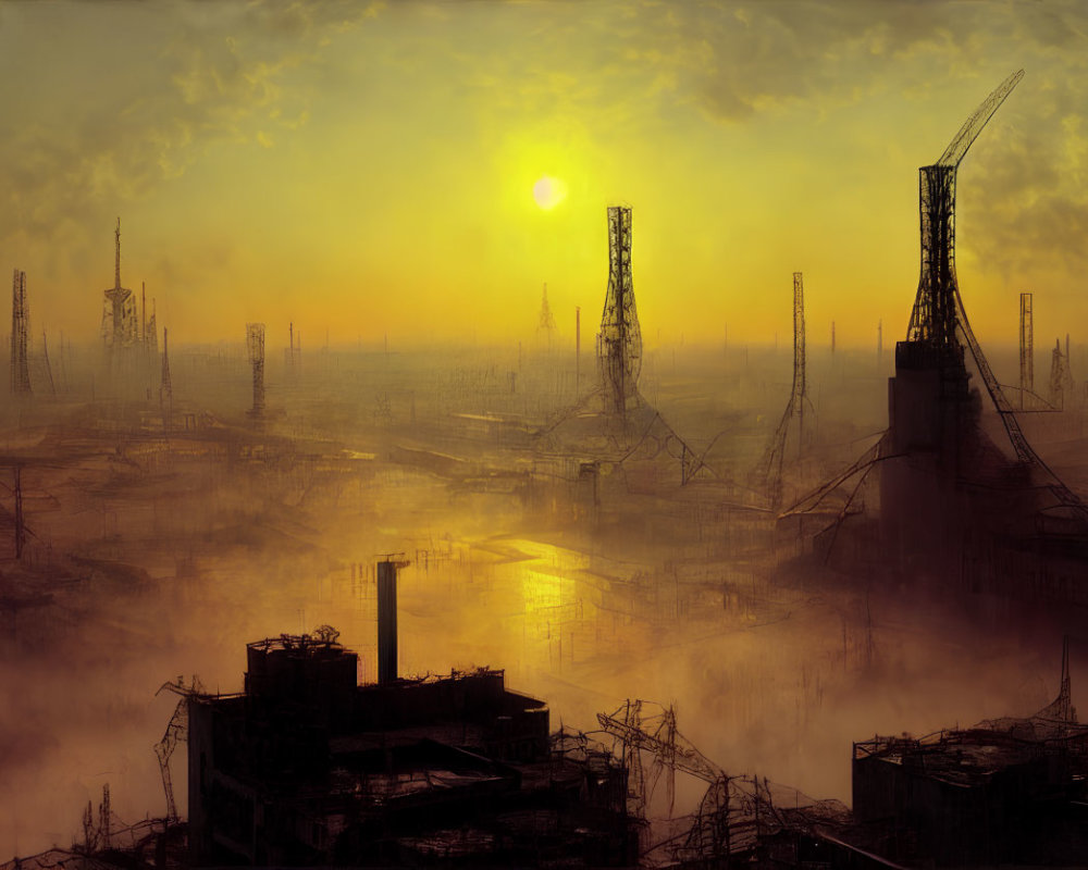 Dystopian landscape with industrial structures and pollution