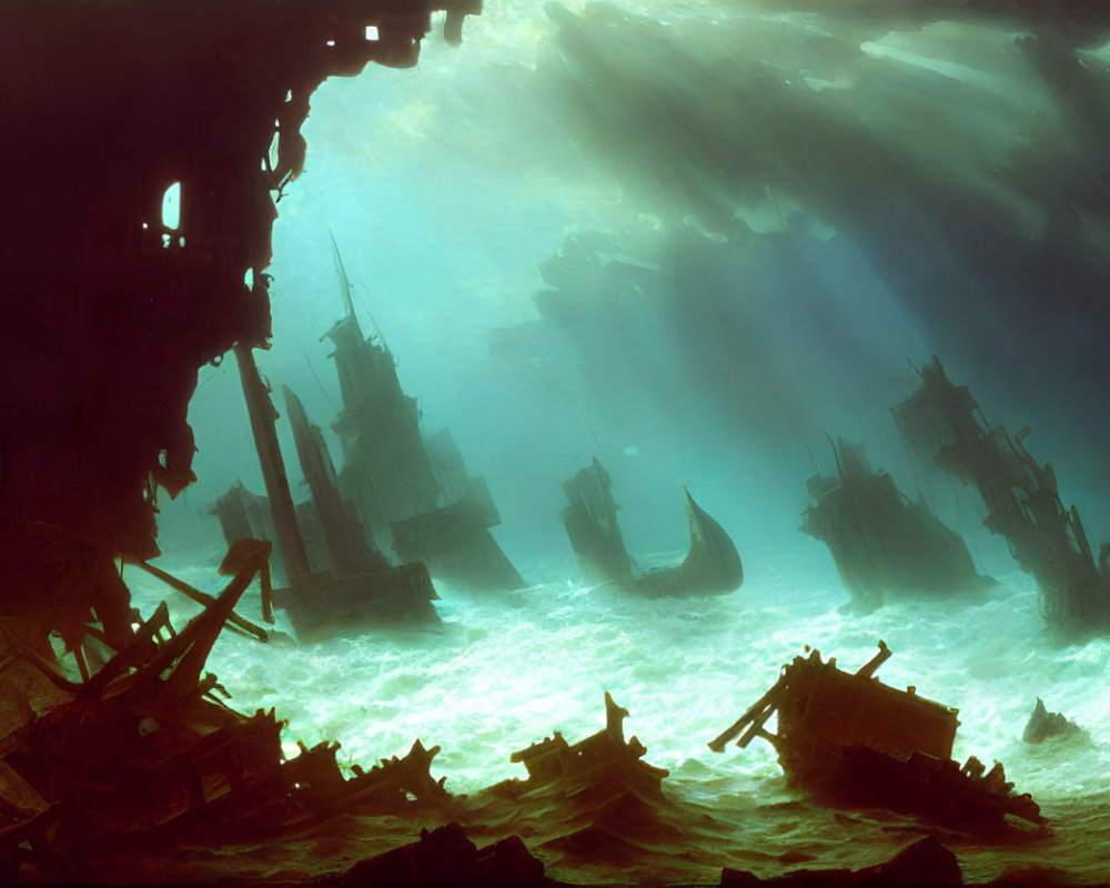 Ethereal underwater scene with sunken ships and sunbeams