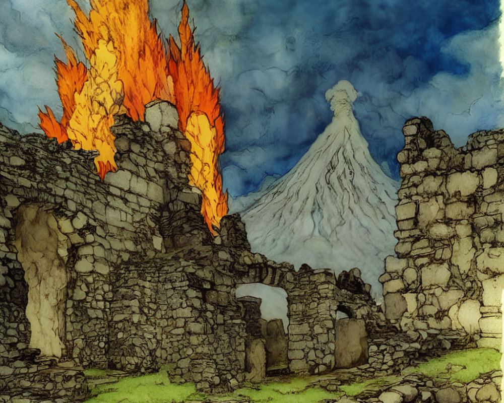 Ancient ruins with fire, snow-capped volcano, and cloudy sky