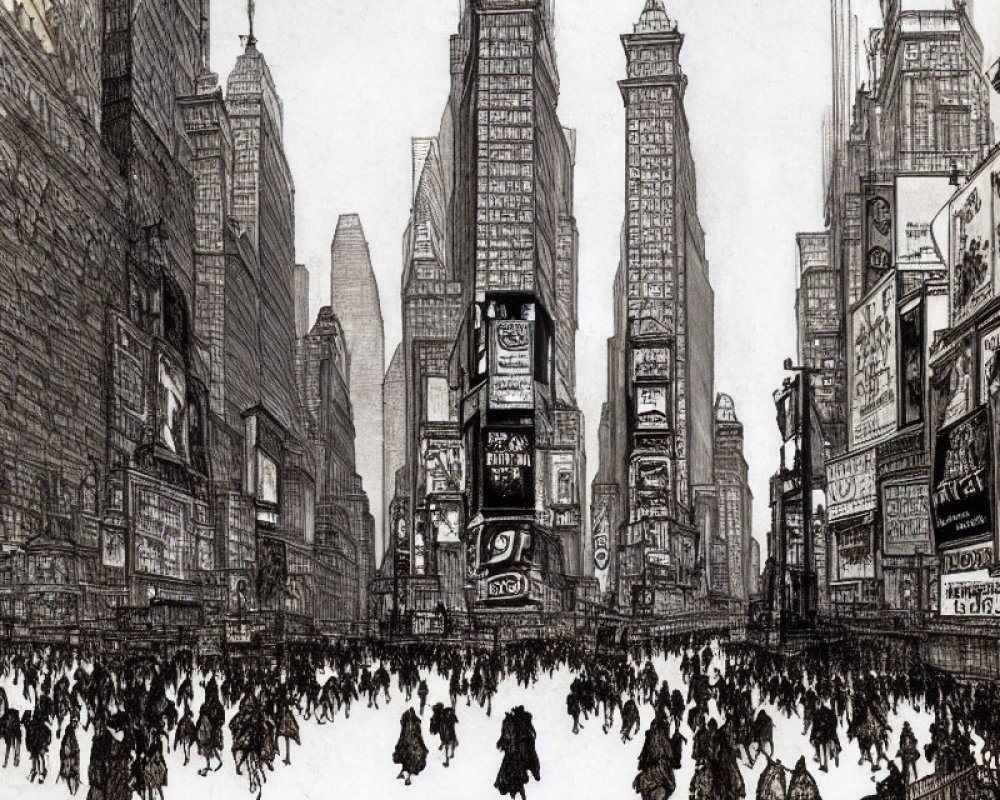 Monochromatic sketch of a bustling city street with pedestrians and towering buildings