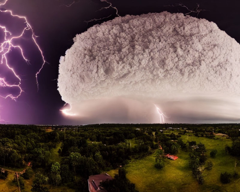 Dramatic shelf cloud with intense lightning strikes