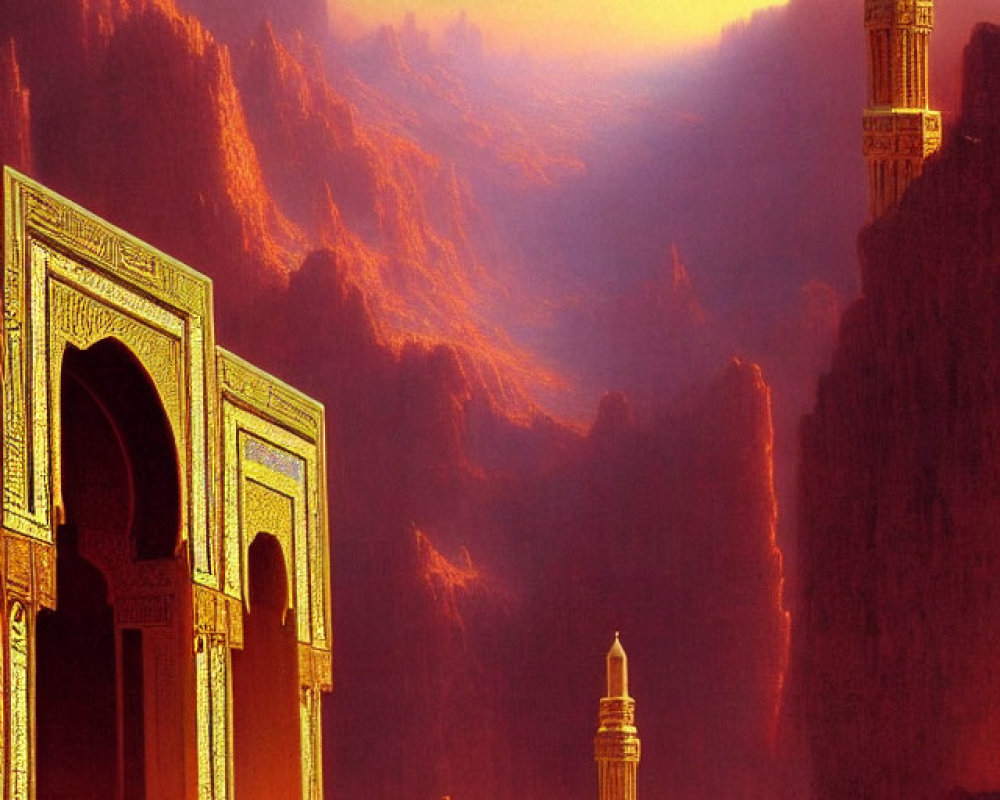 Ornate Arabesque Archways and Towers in Sunset Mountain Scene