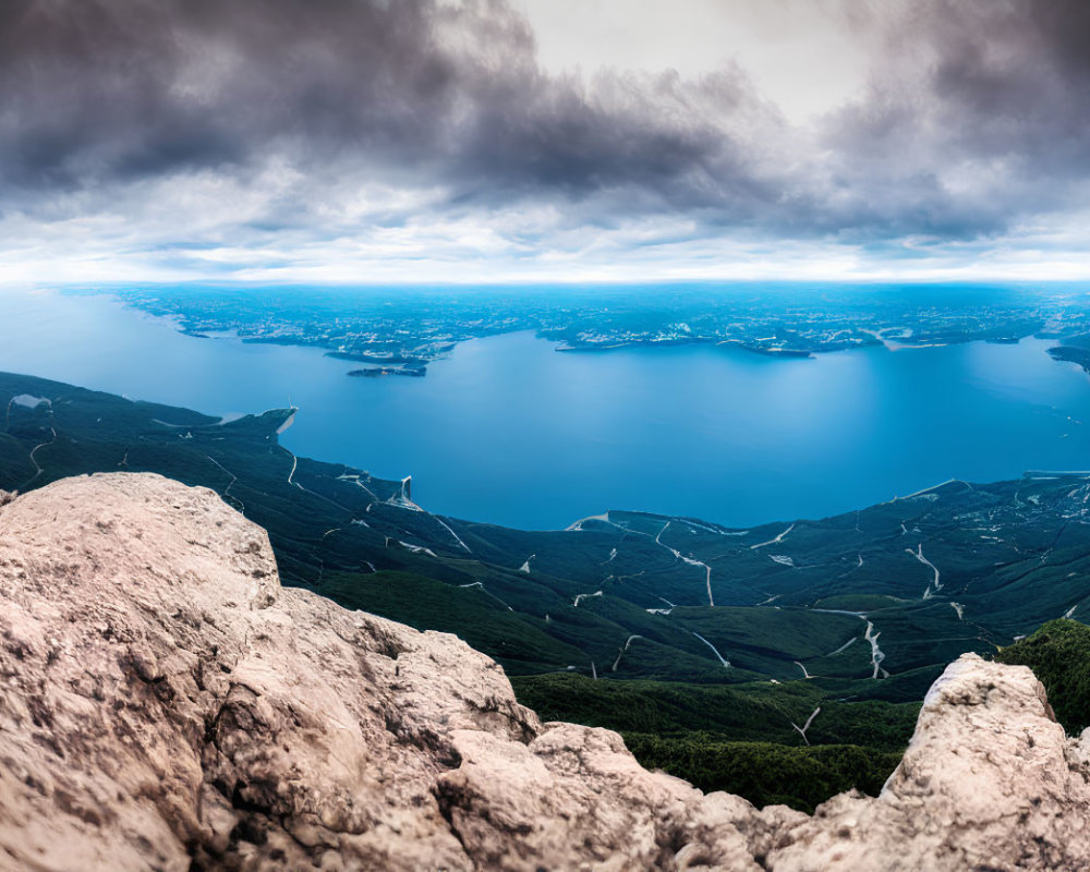 Panoramic Mountain Summit View of Vast Lake & Lush Terrain